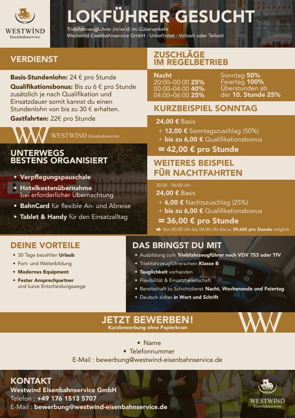 Stellenangebot Triebfahrzeugführer im Güterverkehr – Westwind Eisenbahnservice. Verdienst, Zuschläge, Vorteile, Anforderungen.